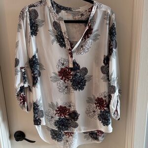 Daniel Rainn White Blouse with Red and Black Floral Design